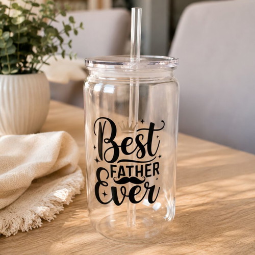 Glass for Father with Lid and Straw, New