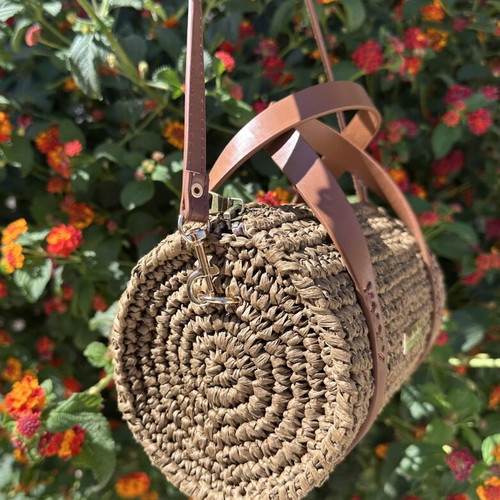 Handmade Raffia Barrel Bag with Tan PU Leather Details, Crossbody