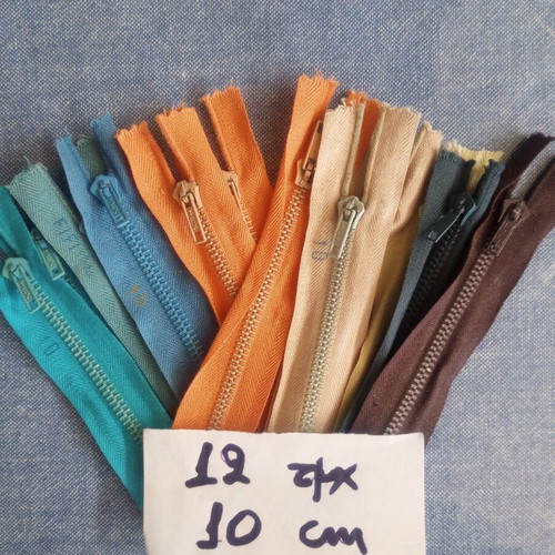 Set of 12 metal zippers, 10 cm, assorted colors