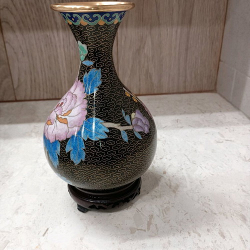 Pair of Vintage Cloisonné Vases Like New with Wooden Bases