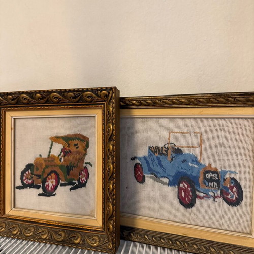 Vintage wooden frames used with hand-stitched car designs