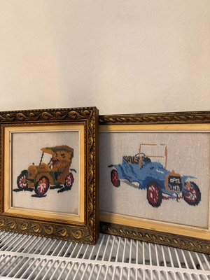 Vintage wooden frames used with hand-stitched car designs