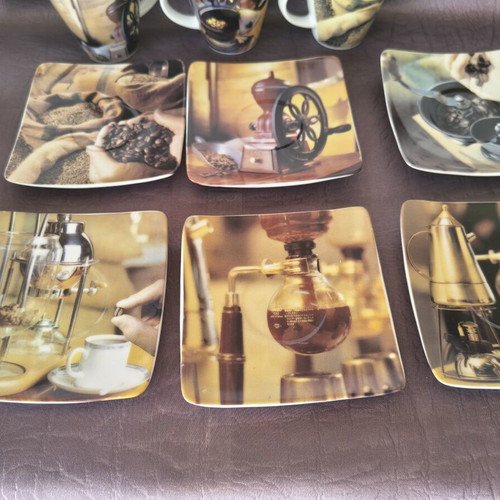 Vintage coffee art espresso cup set with saucers, 6 pieces