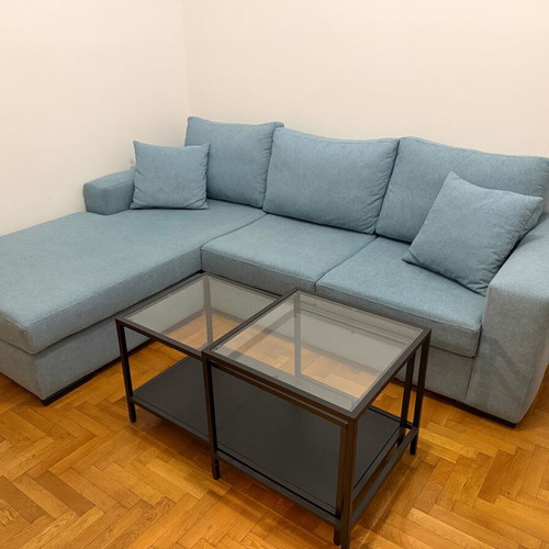 Corner sofa like new, modern design, blue, 242x185 cm
