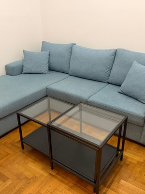 Corner sofa like new, modern design, blue, 242x185 cm