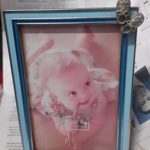 Classic metal children's photo frame with enamel and embossed shoes