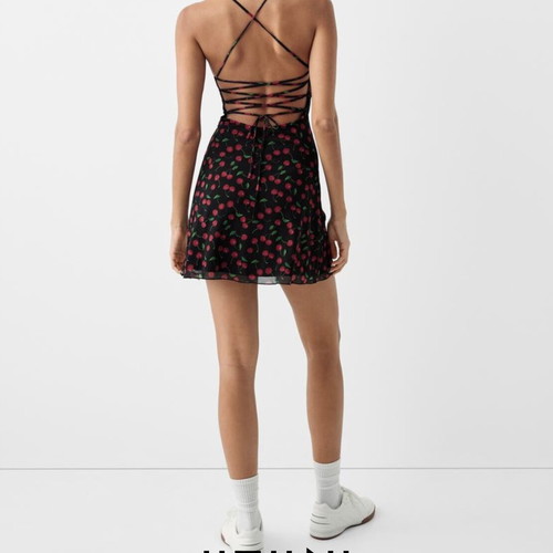 Cherry mini dress like new by Shein black and green with open back