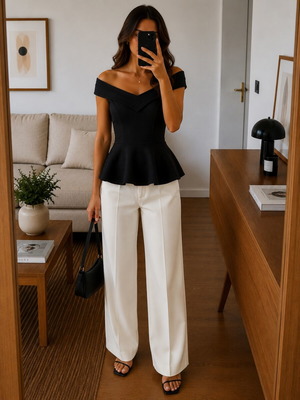 Μαύρο off-shoulder τοπ μεταχειρισμένο, μέγεθος S/M, εφαρμοστή γραμμή με βολάν