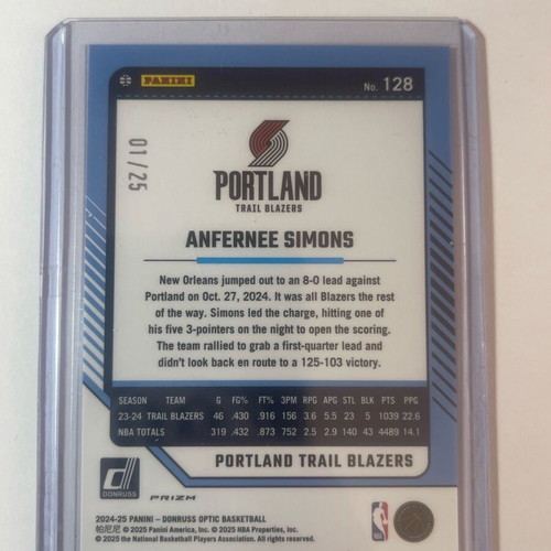 Anfernee Simons 1/25 Jersey Number 2024-25 Panini Donruss Optic NBA Card Trail Blazers new