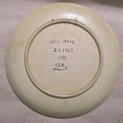 Ceramic hanging plate of Skyros used, handmade, hand-painted 1978