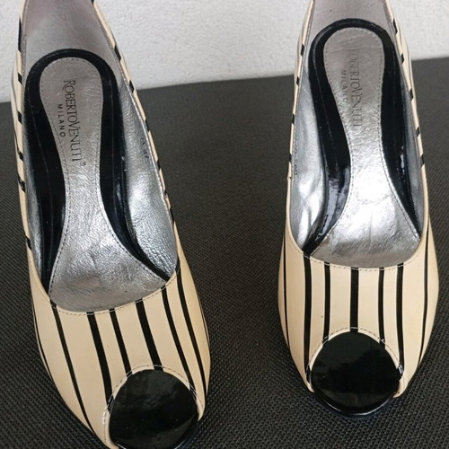 Roberto Venuti Milano Peep-Toe Patent Leather Striped Drip Heels No.37 Like New