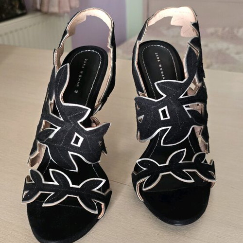 Zara black suede leather sandals 12cm heels new with gold details