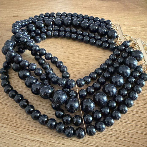 Black pearl choker necklace, 5 rows, gold-tone steel clasp