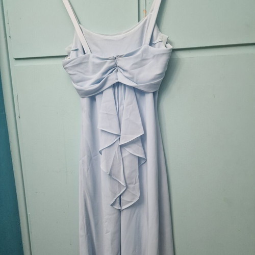 Sleeveless baby blue dress with cowl neck and asymmetric ruffle