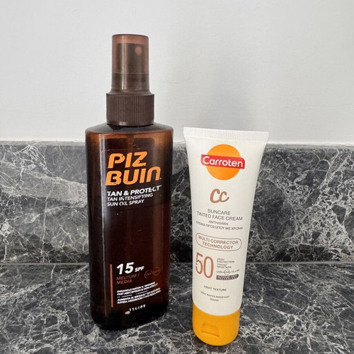 Pizbuin tanning oil SPF 15 and Carroten CC cream SPF 50 used set
