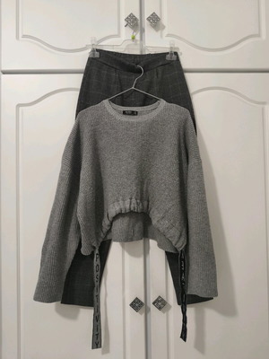 Women's set gray Pull & Bear pants and oversized crop knit sweater Bershka like new