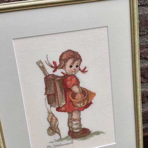 Vintage embroidery with M.J. Hummel design like new