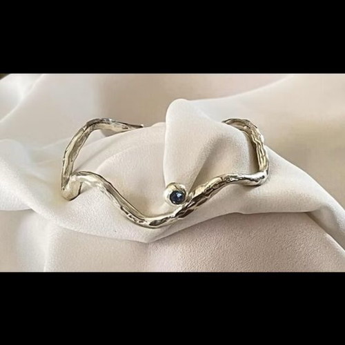 925 Silver Hammered Wavy Cuff Bracelet with Blue Zircon