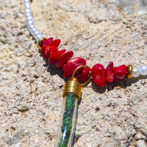 Handmade Valkyrie terrarium necklace with pearl and red coral new
