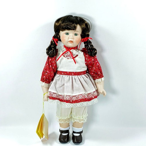 Vintage Heritage Mint Porcelain Doll 1990 Red White Floral Dress