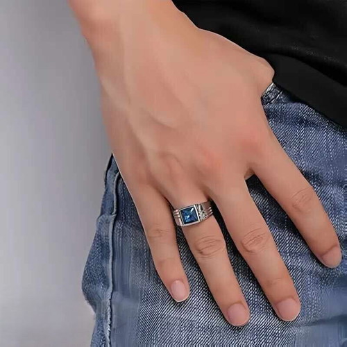 Men's ring with square blue zircon new, stainless steel 201