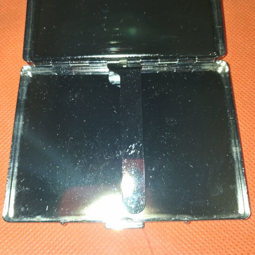 Metal card or cigarette case with heart and rhinestones, pink enamel