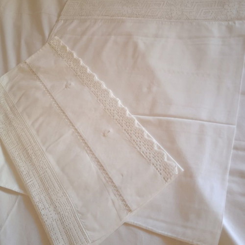 Vintage bridal handmade sheet with 4 handmade pillowcases