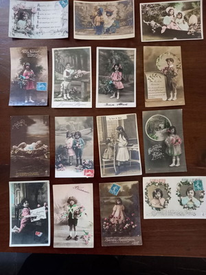 French vintage postcards used, set of 15 with children 1900-1910
