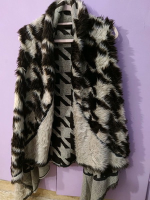 Fur vest asymmetrical used, brown and beige