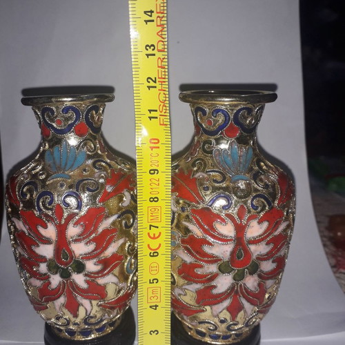 Cloisonné vase set used with carved wooden bases