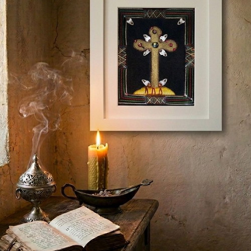 Vintage handmade embroidery Cross with gold thread and sequins in white frame