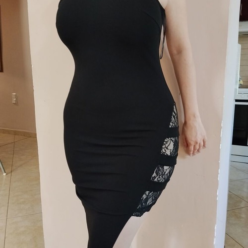 Black mini dress like new with open back and lace slit