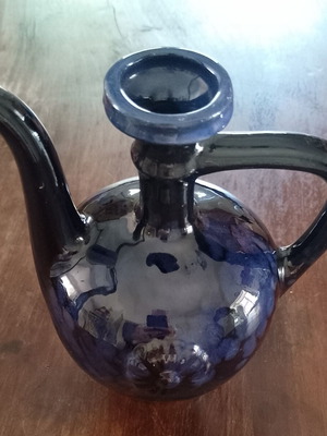 Vintage glazed ceramic spouted wine jug, cobalt blue
