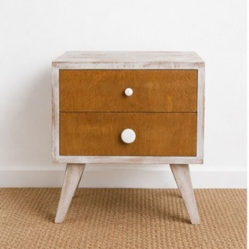 Vintage Mid-Century Nightstand with 2 Drawers and White Patina