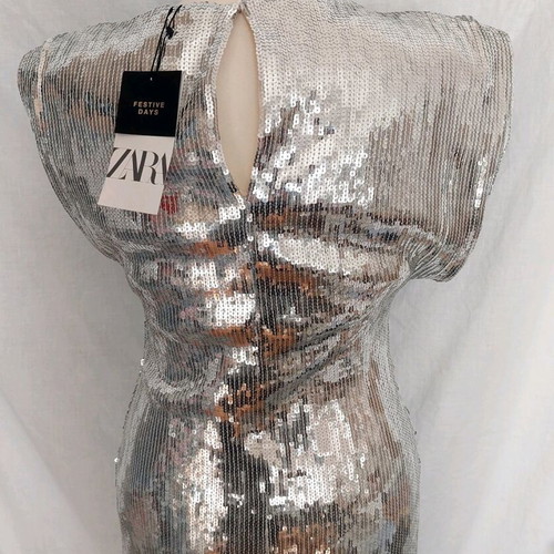 zara silver glitter dress SEQUIN PEARL KNIT MINI DRESS - Silver