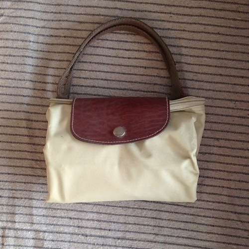 Foldable shopping bag, beige and brown, waterproof material