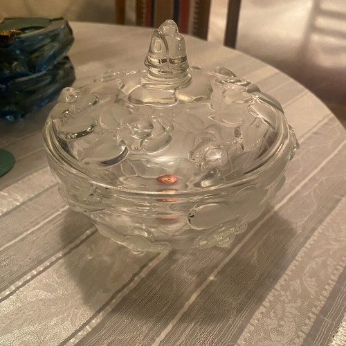 Walther Glas glass fondue pot with lid like new, carved roses