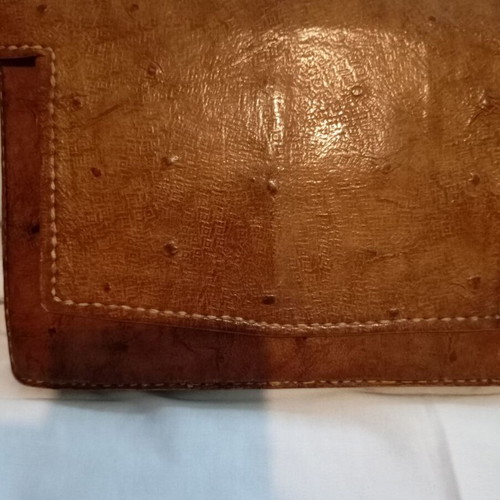 Vintage Ostrich Leather Shoulder Bag, Genuine Embossed Skin, Brown