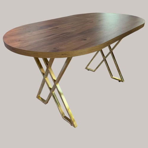Dining table with walnut surface and gold metal legs 140x80x75 cm