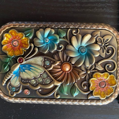 Portable mirror with copper case and enamelled lid, new