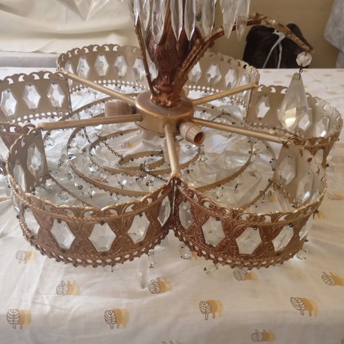 Vintage ceiling lights pair used, brass frame with glass crystals