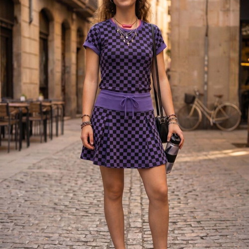 T-shirt and skirt set with checkerboard pattern purple and black new