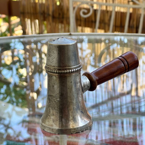 Vintage metal pepper shaker with wooden handle used, collectible tableware