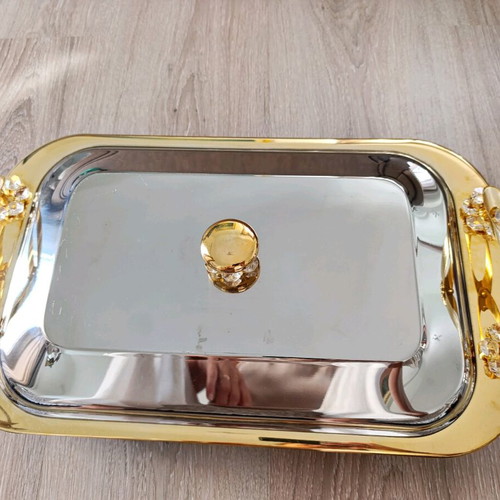 Rectangular stainless steel serving platter with Swarovski like new