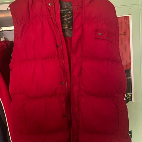Puffer jacket new, sleeveless with grey hoodie, red, size large