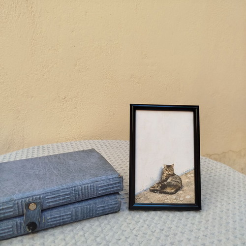 Mediterranean print with tabby cat, black frame 10x15