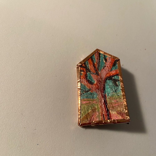 Unique hand-painted pin, wood with copper and leather, new