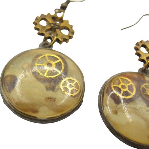 Vintage steampunk style earrings with brass gears like new