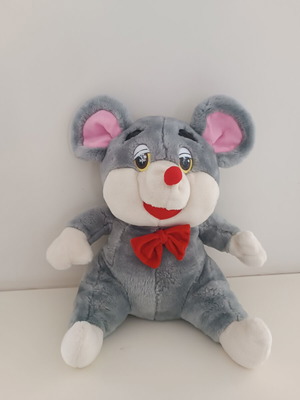 Plush mouse used, gray with red bow tie