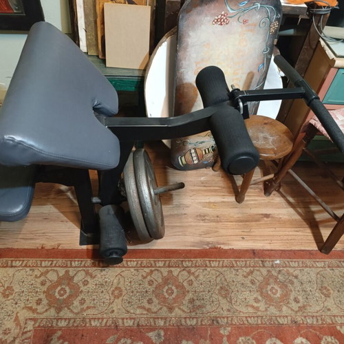 Weight bench with bar and weights used, iron